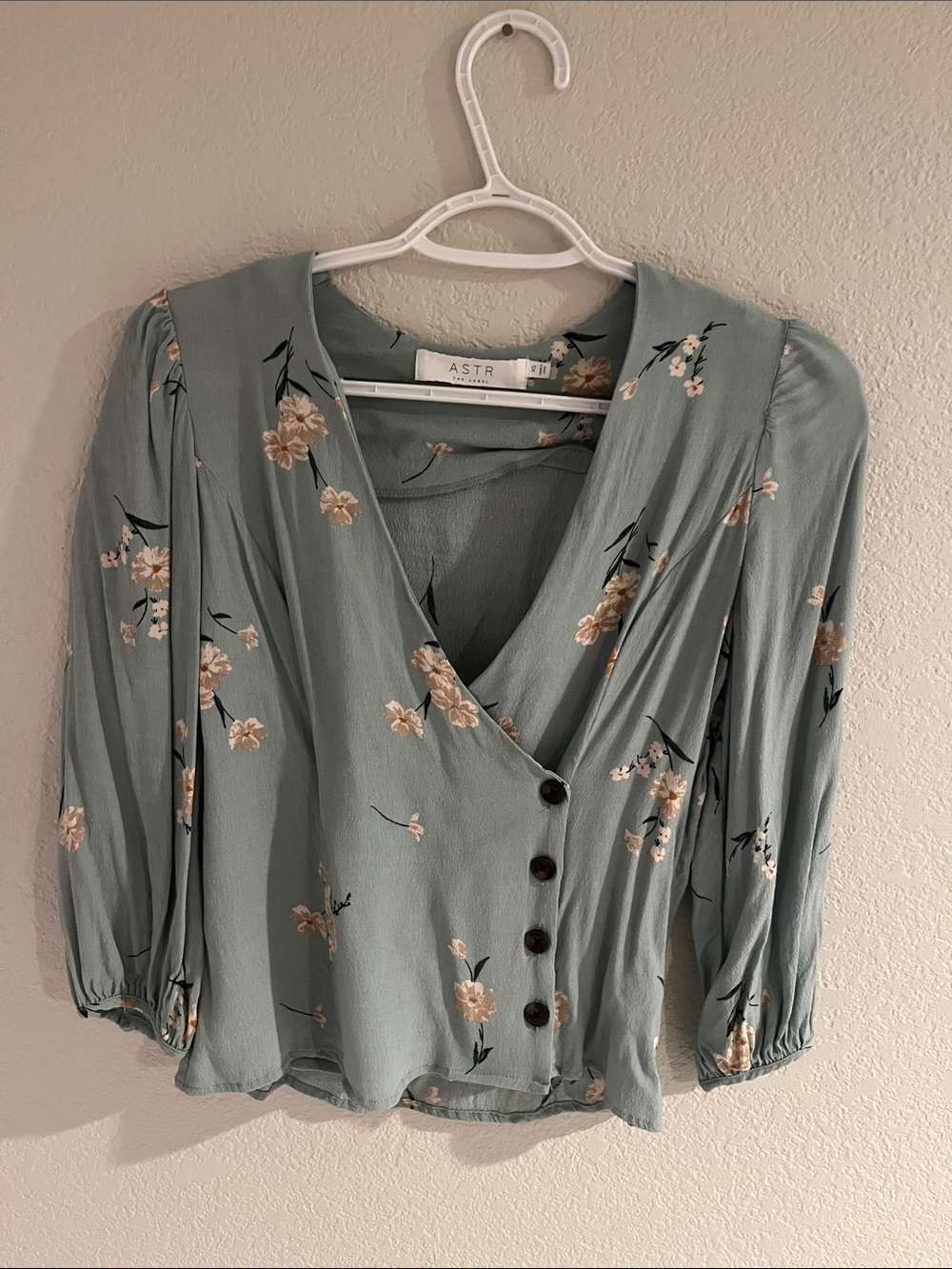 Astr Sage Green Floral Wrap-Style Button Blouse